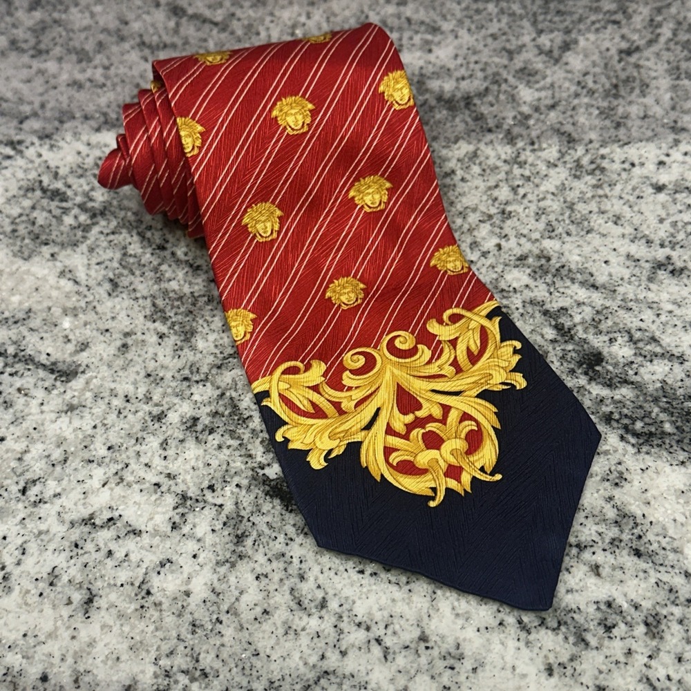 Vintage 90s Gianni Versace Spain Made Motif Red & Yellow Navy Silk Tie Saks Rare